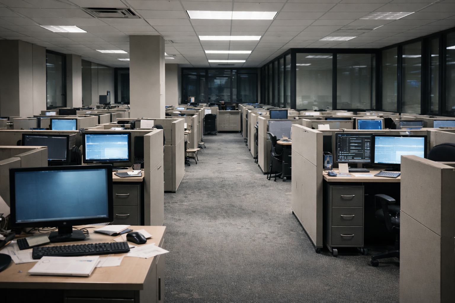 Office space with desks and monitors